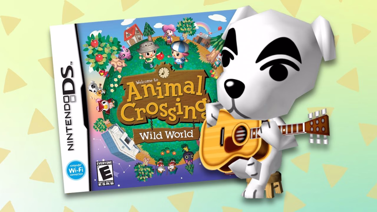 "Animal Crossing" guitarist KK Slider strums in foreground. Simple green/yellow triangle pattern and "Animal Crossing: Wild World" (2005) game packaging shown behind KK Slider. | Outrun Gaming
