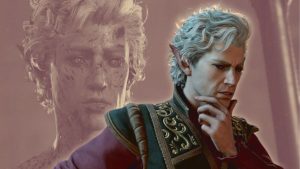 An inquisitive Astarion ('Baldur's Gate 3') shown in foreground. In background, a faded image of a distressed, disheveled Astarion.