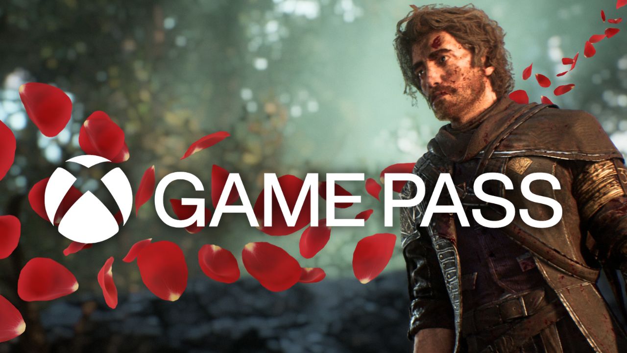 'Clair Obscur: Expedition 33' protagonist Gustave shown with floating flower petals in background. White Xbox Game Pass logo shown center-foreground. | Outrun Gaming