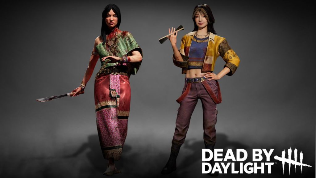 "Sinister Grace" Killer Burong Sukapat (shown left) and Survivor Vee Boonyasak (shown right). The game's logo is shown bottom-right.