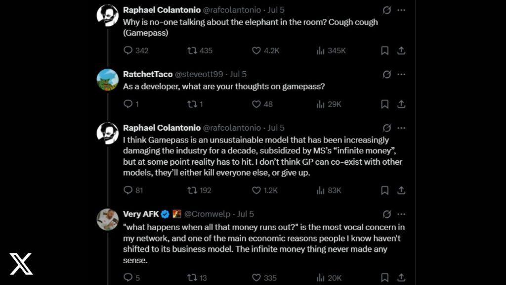 Posts on X (formerly Twitter) from Arkane's Raphael Colatonio and Larian Studios' Michael Douse regarding Xbox Game Pass sustainability.