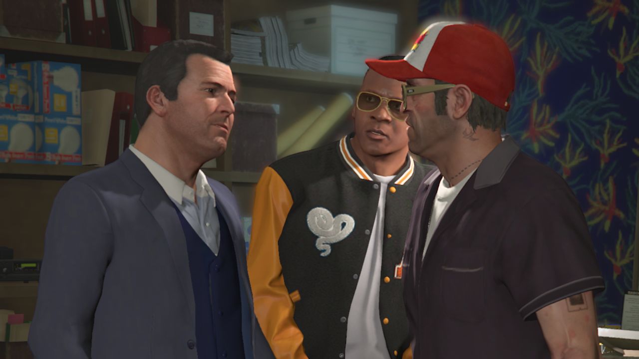 Screenshot from Rockstar Games' 'Grand Theft Auto V Enhanced' (2022) shows trio of protagonists (from L to R): Michael De Santa, Franklin Clinton, and Trevor Philips. | Outrun Gaming