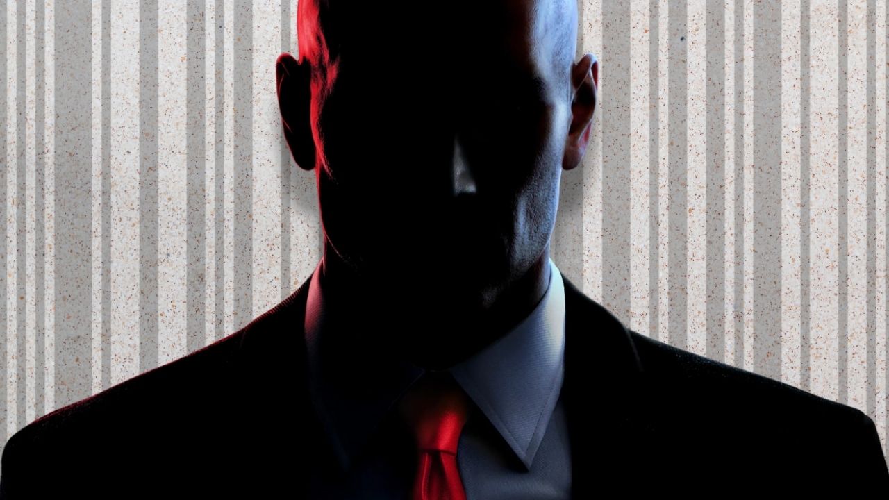 'HITMAN' protagonist Agent 47 shown obscured in foreground. Behind him, his barcode tattoo shown faded over textured background. 🎮 Outrun Gaming
