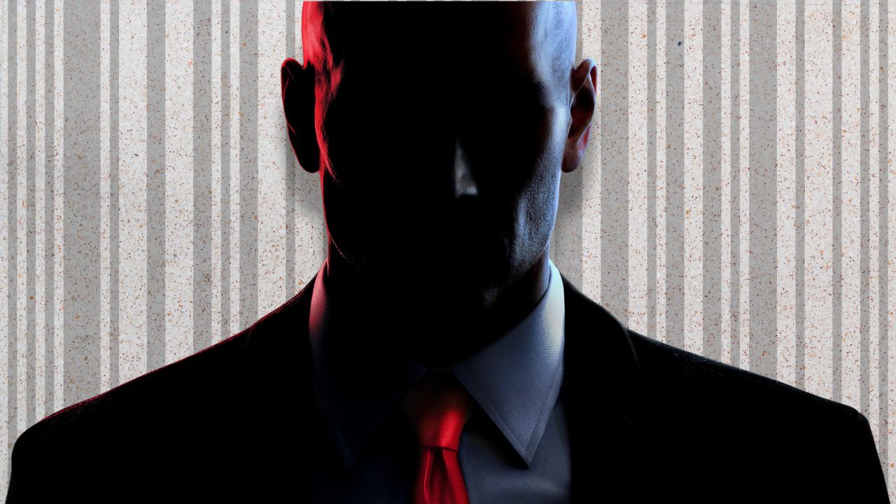 'HITMAN' protagonist Agent 47 shown obscured in foreground. Behind him, his barcode tattoo shown faded over textured background. | Outrun Gaming