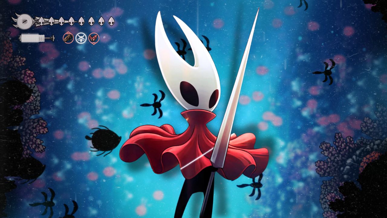 Screenshot of in-game stage with protagonist Hornet superimposed center-foreground.