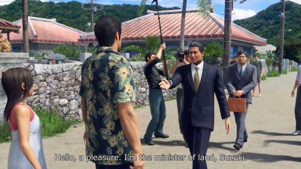 Screenshot from 'Yakuza Kiwami 3' shows Kiryu and Haruka being approached at their Okinawa orphanage.