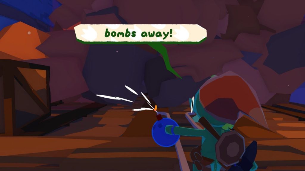'Lil Gator Game: In The Dark' gameplay screenshot shows titular Lil Gator about to chuck an explosive into a nearby cave: "Bombs away!"'Lil Gator Game: In The Dark' gameplay screenshot shows titular Lil Gator about to chuck an explosive into a nearby cave: "Bombs away!"