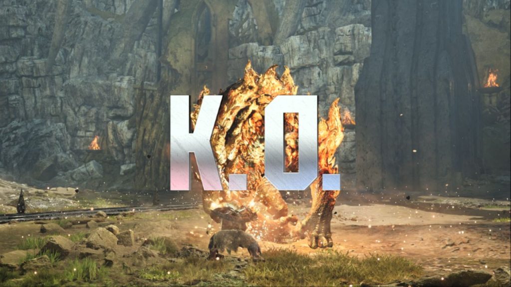 Screenshot of 'Monster Hunter Wilds' x 'Street Fighter 6' collaboration shows "K.O." message
