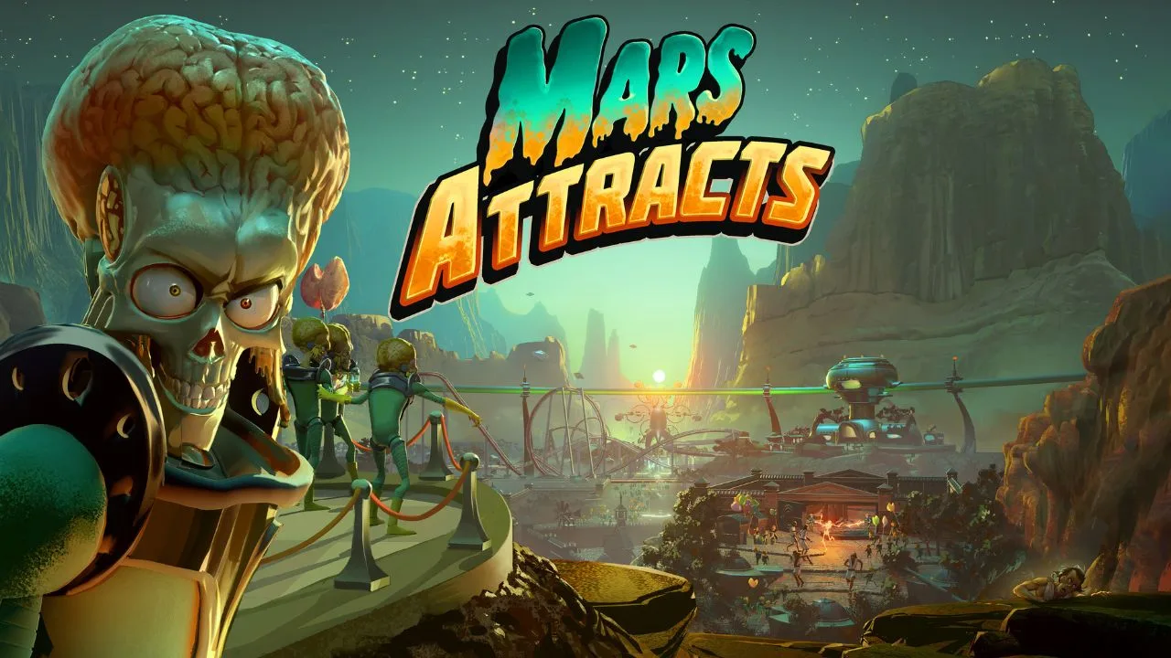 Key art for "Mars Attracts" game shows alien on left, logo in center, and seedy theme park in background. | Outrun Gaming