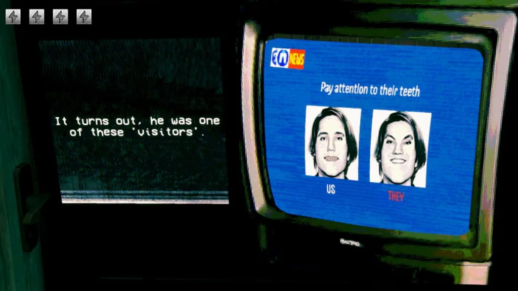 A screenshot of 'No, I'm not a Human' gameplay. In true analog horror fashion, the game employs CRT TV-like visuals and eerie imagery.