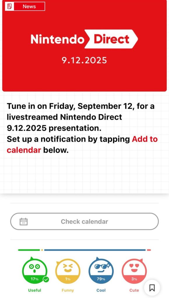 NINTENDO DIRECT 9-12 | Outrun Gaming Screenshot of Nintendo's in-app Direct presentation announcement (Sept. 10, 2025)