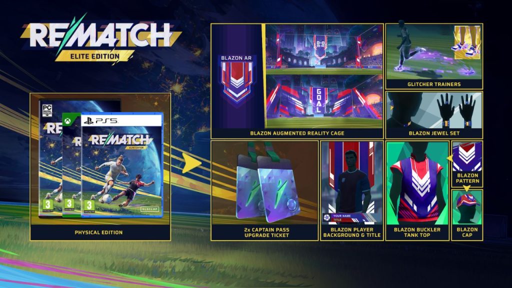 Promo image of 'Rematch' physical edition and associated in-game rewards