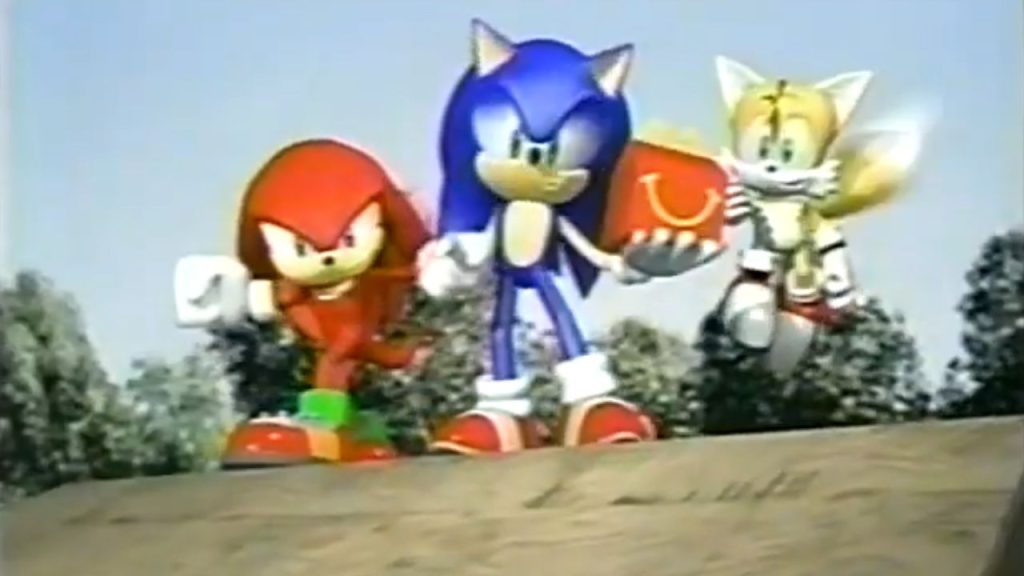 'Sonic Heroes' McDonald's commercial (2003) shows Sonic, Knuckles, and Tails holding Happy Meal. | Outrun Gaming'Sonic Heroes' McDonald's commercial (2003) shows Sonic, Knuckles, and Tails holding Happy Meal.