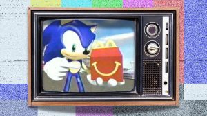 McDonald's 'Sonic the Hedgehog' TV commercial shows Sonic smirking, pointing at Happy Meal in his hand.