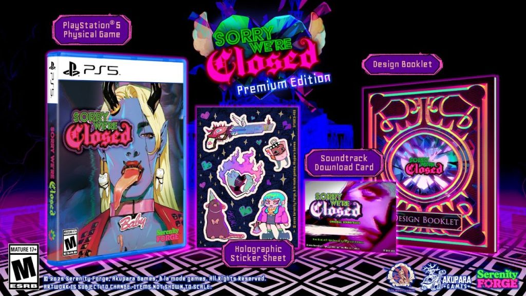 Packshot of 'Sorry, We're Closed' Premium Edition. The photo shows the physical version of the base game, stickers, and other goodies.