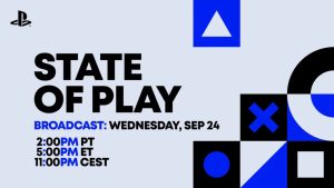 'PlayStation State of Play' promo image shows brand logo, broadcast dates (2pm PT; 5pm ET; 11pm CEST)