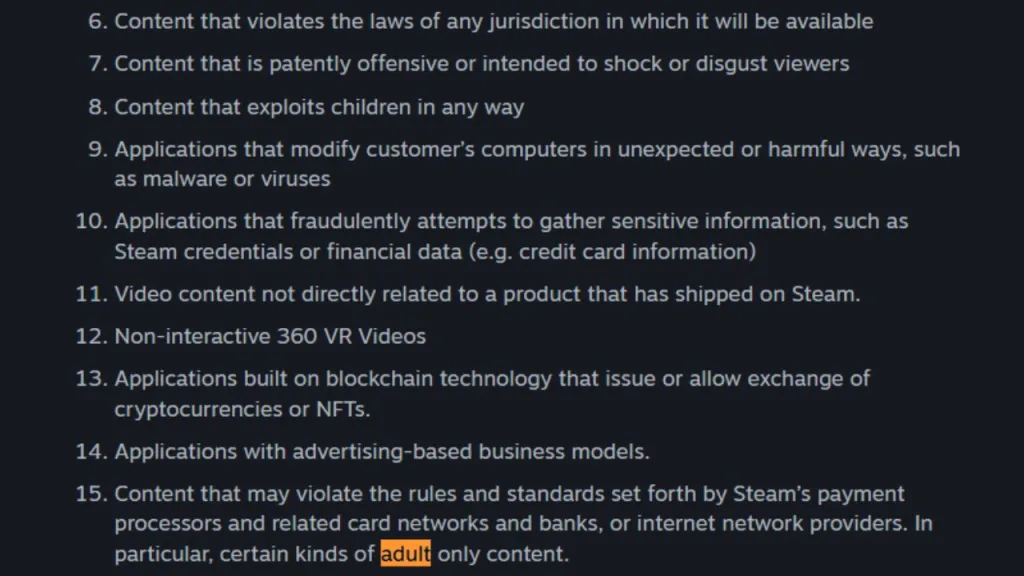 Screenshot of Steam's Rules and Guidelines. The term "Adult" is highlighted to draw reader attention to the platform's mature content policies.
