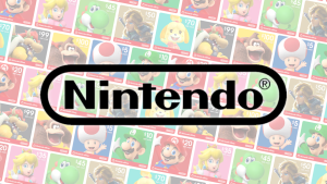 Nintendo logo shown in foreground; pattern comprising Nintendo eShop gift card retail packaging shown in background.