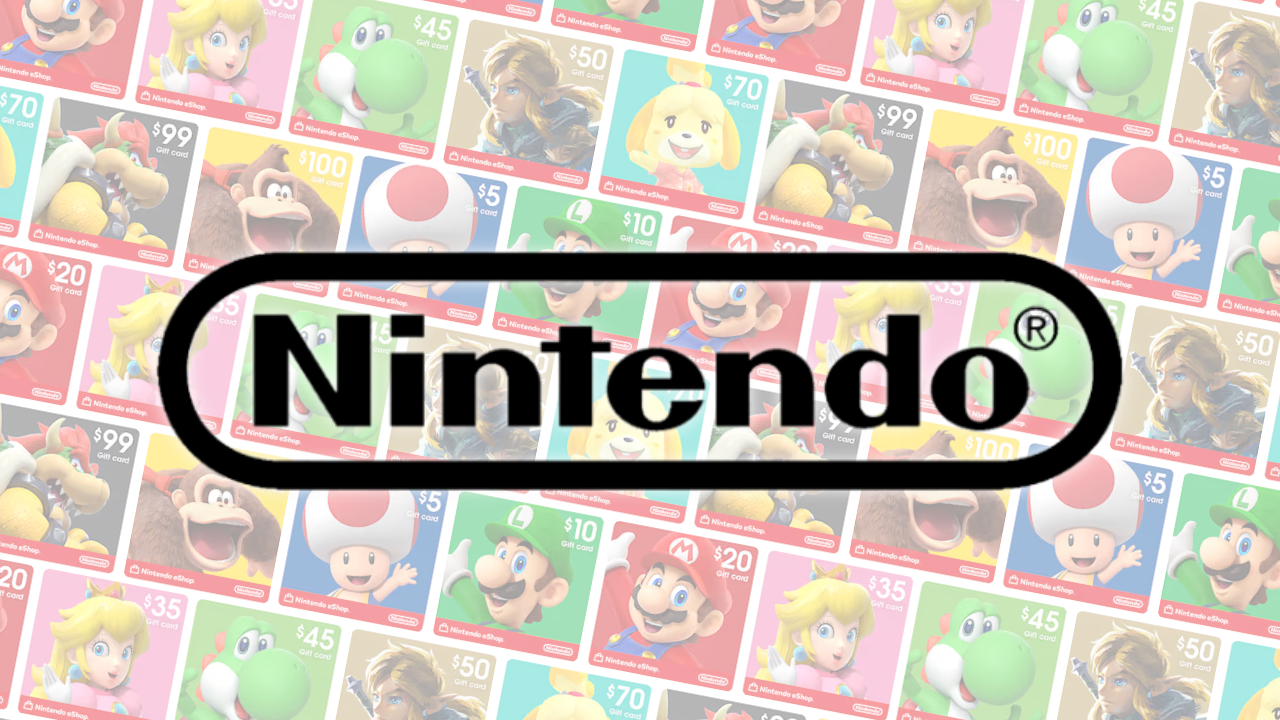 Nintendo logo shown in foreground; pattern comprising Nintendo eShop gift card retail packaging shown in background. | Outrun Gaming