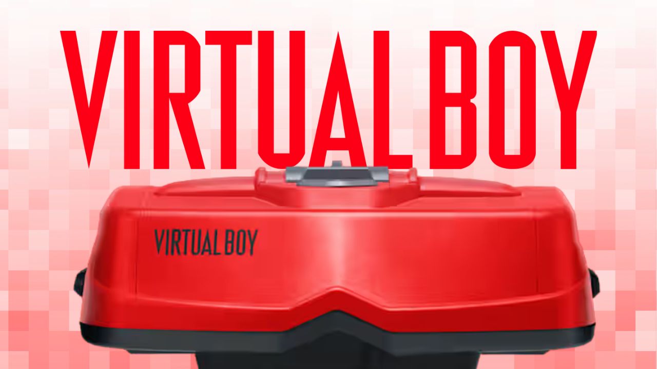 Close-up of Nintendo's reimagined Virtual Boy hardware shown center-foreground. 'Virtual Boy' logo shown behind peripheral, with Mario-red pixel background.