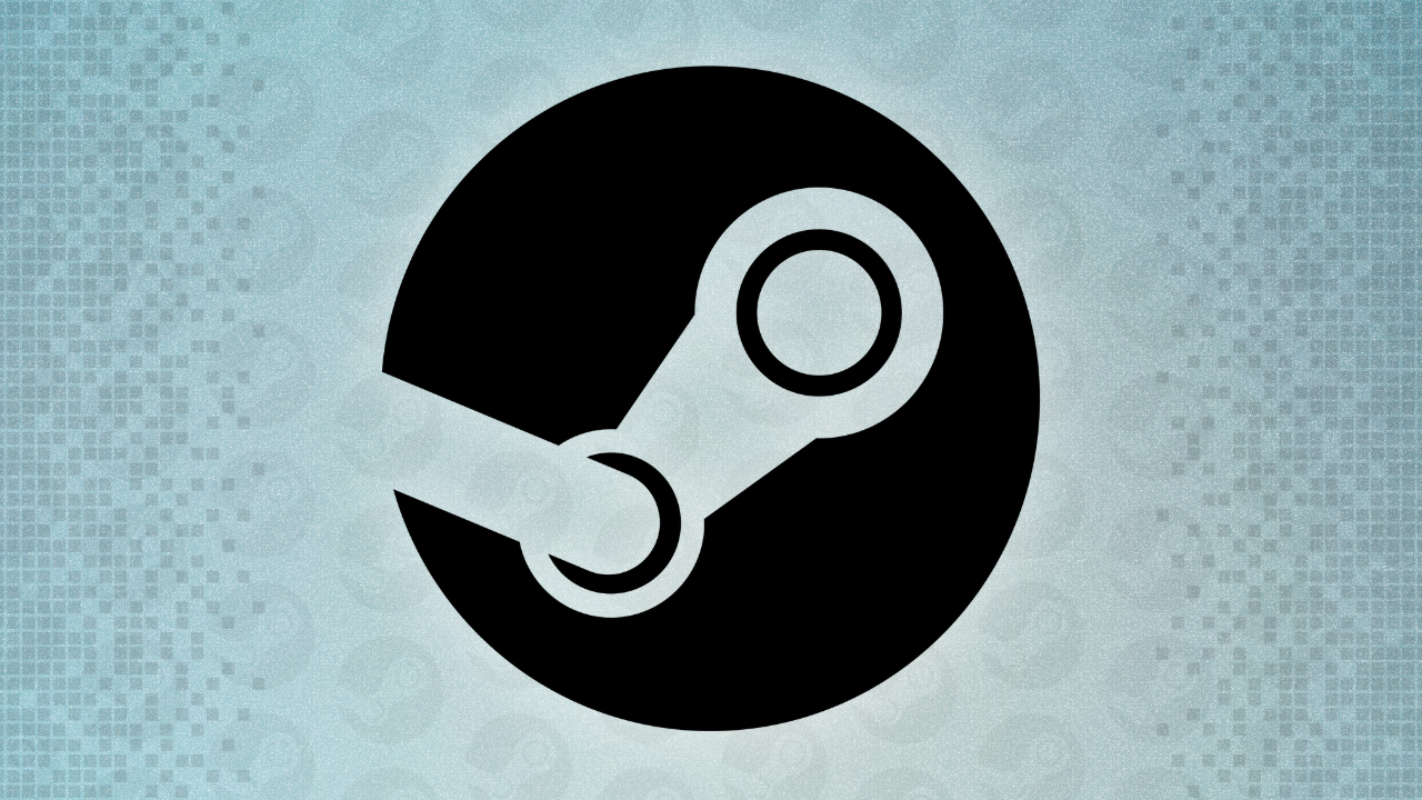 Logo for Valve-owned digital game distributor, Steam, shown center-foreground. Blue-gray background bears pixel-like border. | Outrun Gaming