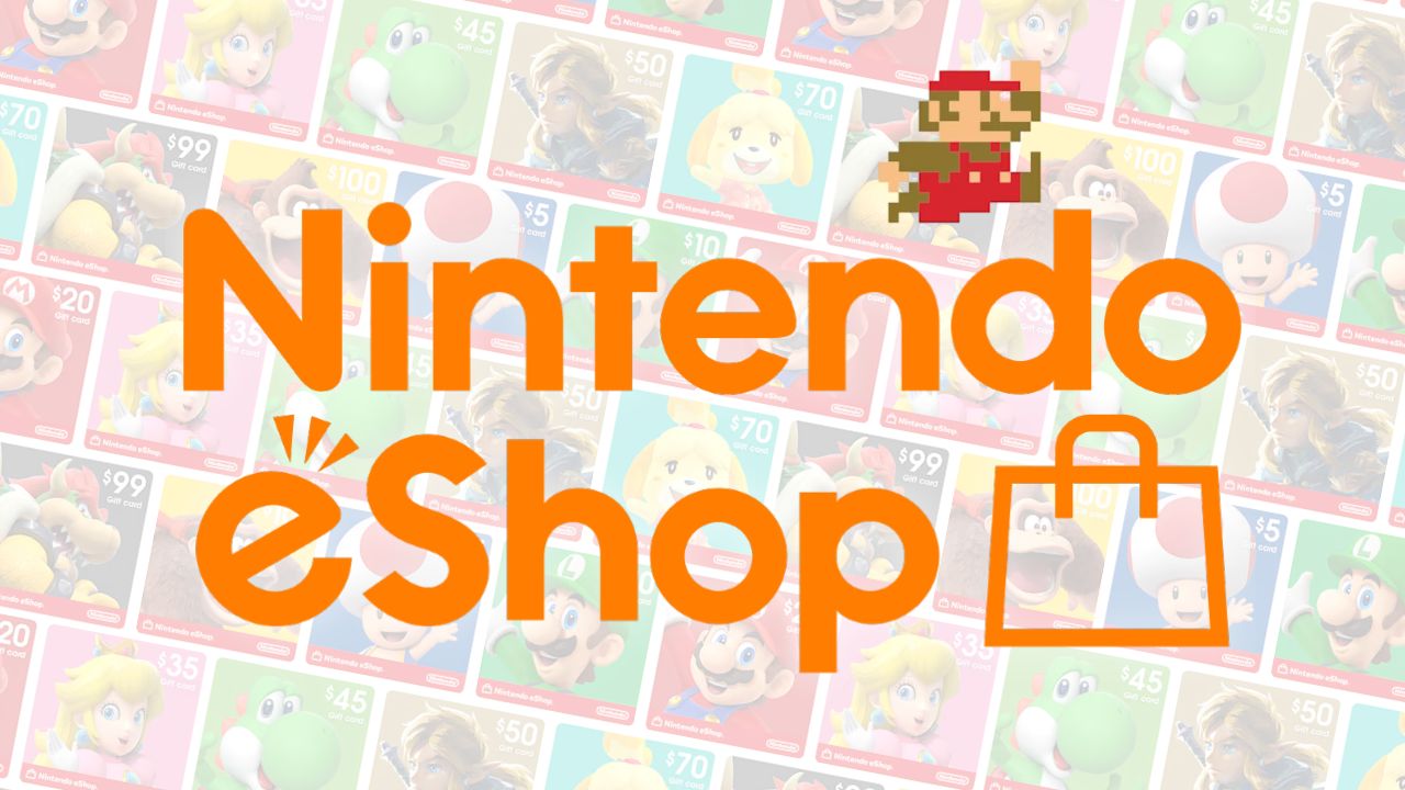 Assorted Nintendo eShop gift cards in background. Nintendo eShop logo in foreground, with added 8-bit Mario leaping between "N" and "D" in "Nintendo"