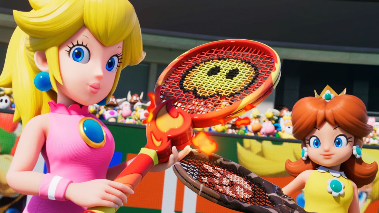 Nintendo characters Peach and Daisy wield tennis rackets in 'Mario Tennis Fever,' shown in today's Nintendo Direct