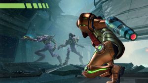Samus Aran superimposed in foreground with graphics; in-game baddies shown in background.