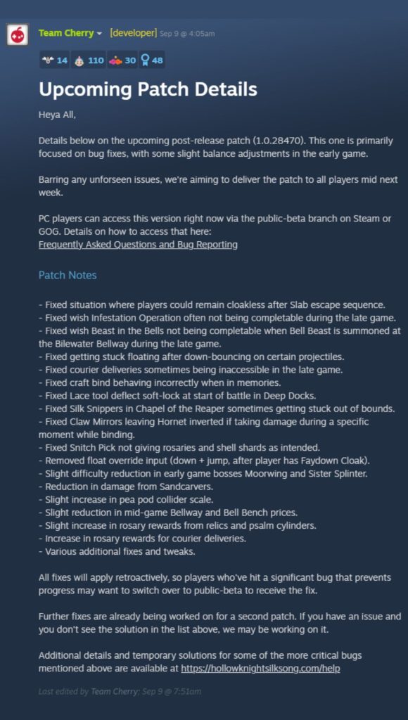 team cherry patch notes | Outrun Gaming 'Hollow Knight: Silksong' developer Team Cherry reveals first patch details'Hollow Knight: Silksong' developer Team Cherry reveals first patch details