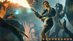 Screenshot of 'Lara Croft and the Guardian of Light' edited to draw audience attention to Croft, shown center-foreground.
