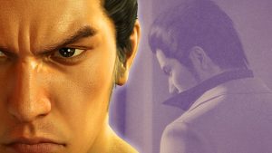 'Yakuza'/'Like a Dragon' franchise protagonist Kazuma Kiryu shown with furrowed brow in foreground. Faded image of a downtrodden, brooding Kiryu shown in background.