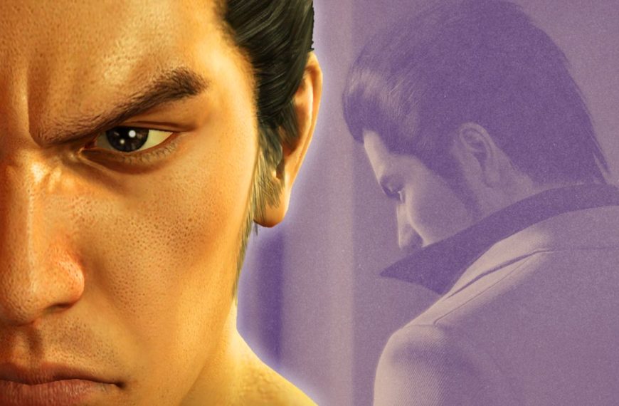 'Yakuza'/'Like a Dragon' franchise protagonist Kazuma Kiryu shown with furrowed brow in foreground. Faded image of a downtrodden, brooding Kiryu shown in background.