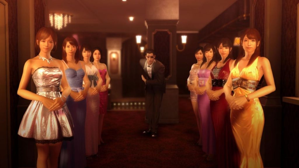 Goro Majima and the staff greet patrons as they enter Club Sunshine.