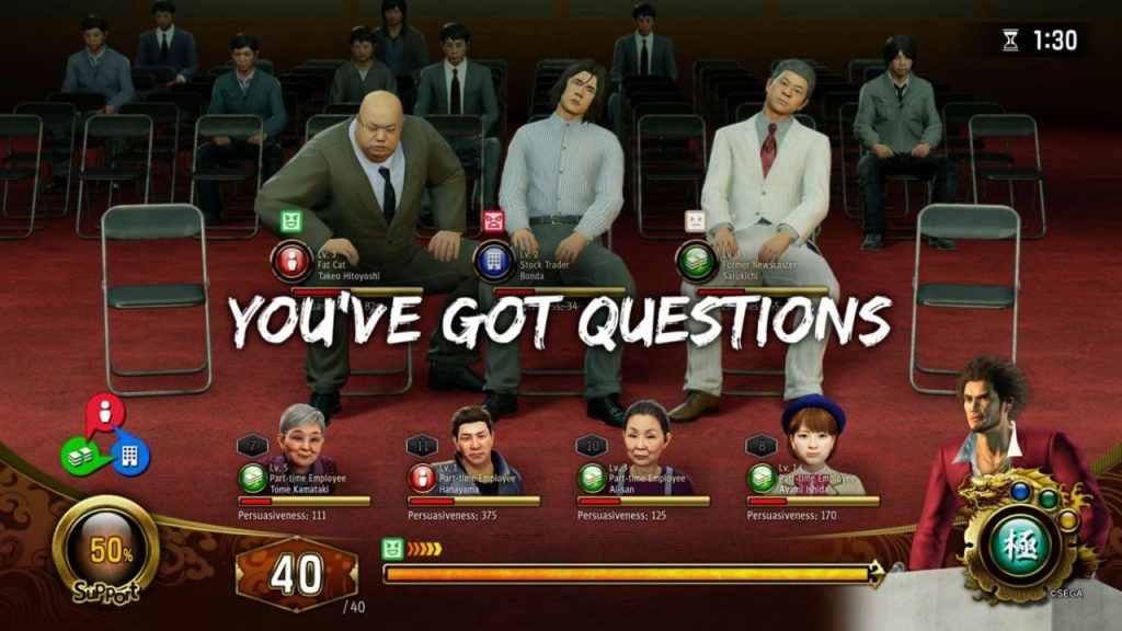 Ichiban Kasuga quells shareholders' concerns during an Ichiban Holdings Q&A (Yakuza: Like a Dragon)