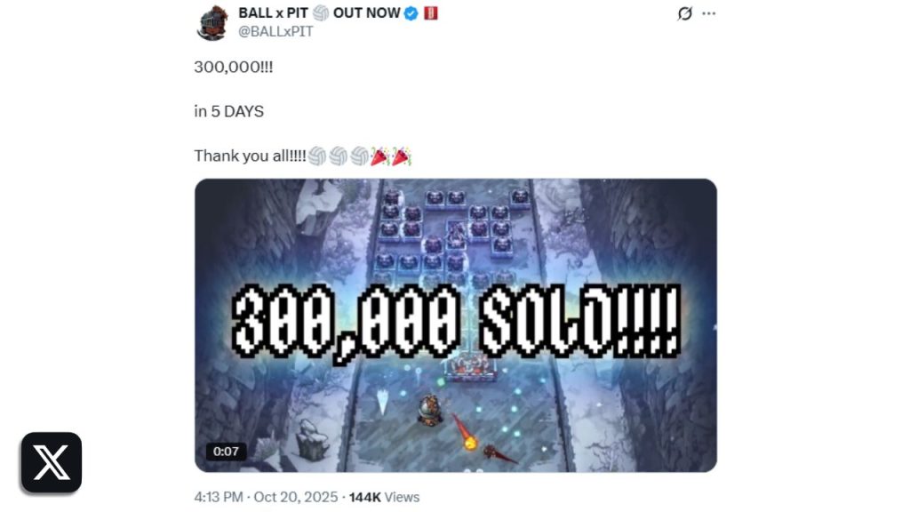 BALL X PIT (post on X) | Outrun Gaming Screenshot of 'BALL x PIT' post on X celebrating 300,000 copies sold in just five days (Outrun Gaming: 'Indie roguelite 'BALL x PIT' sells 300,000 copies in five days')
