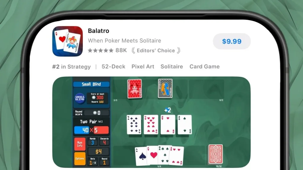 Balatro Apple App Store | Outrun Gaming Apple iPhone edited to show compact version of 'Balatro' App Store listing