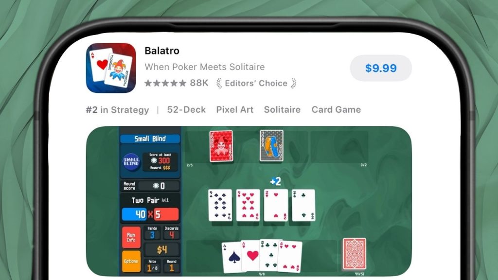 Apple iPhone edited to show compact version of 'Balatro' App Store listing