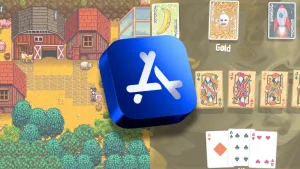 Feature image for 'Best Casual iPhone Games on Apple App Store' on Outrun Gaming shows 3D App Store icon center-foreground. Background shows lightened images of 'Balatro' and 'Stardew Valley'