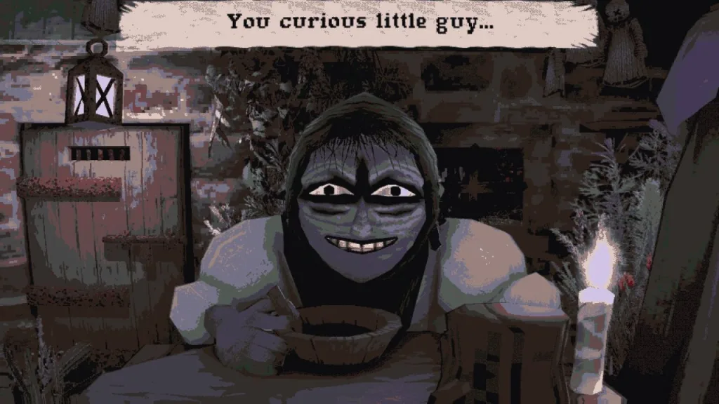 CARIMARA (2025) | Outrun Gaming Screenshot from 'CARIMARA' (2025) shows character with smug expression. He says, "You curious little guy..."