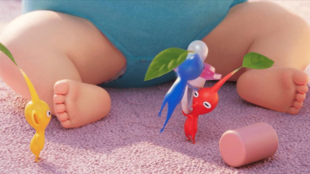 Still image from  | Outrun Gaming'Close to You' (Nintendo) shows three Pikmin in front of a sitting baby,