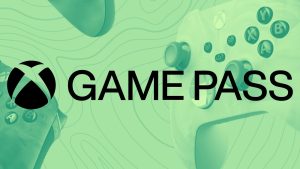 Xbox Game Pass logo shown center-foreground; background shows green-tinted images of Xbox controllers over abstract pastel green background.