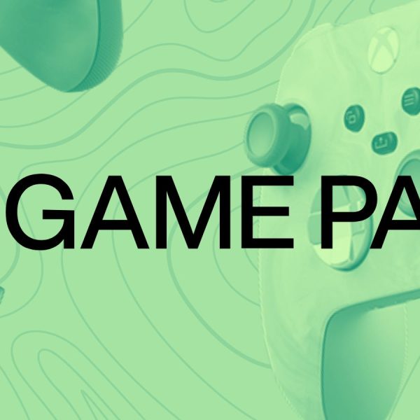Xbox Game Pass logo shown center-foreground; background shows green-tinted images of Xbox controllers over abstract pastel green background.