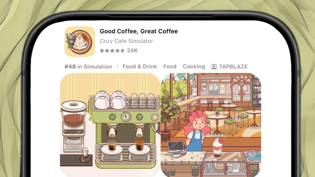 Good Coffee Great Coffee (Apple App Store) | Outrun Gaming Apple iPhone edited to show compact version of 'Good Coffee, Great Coffee' App Store listing | Outrun Gaming