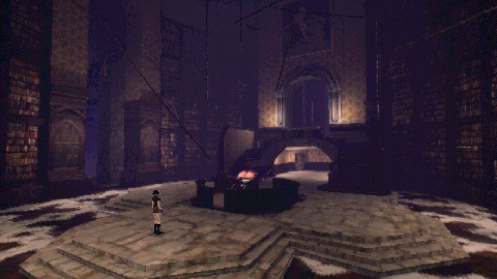 Interior view of dimly-lit library, as seen in 'Heartworm' (2025)