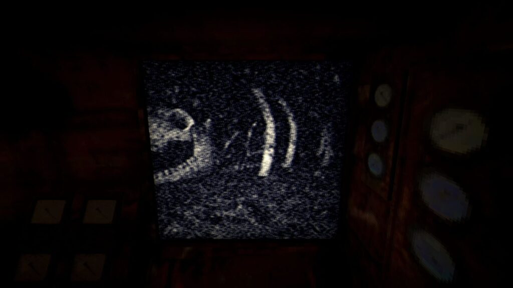Image from 'Iron Lung' (2022) shows view looking out from inside submarine. Through the tiny window, the fossilized remains of large creature.