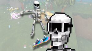 Skeletal 'Megabonk' character Calcium shown twice: on left, shredding on skateboard; on right, smug with sunglasses.