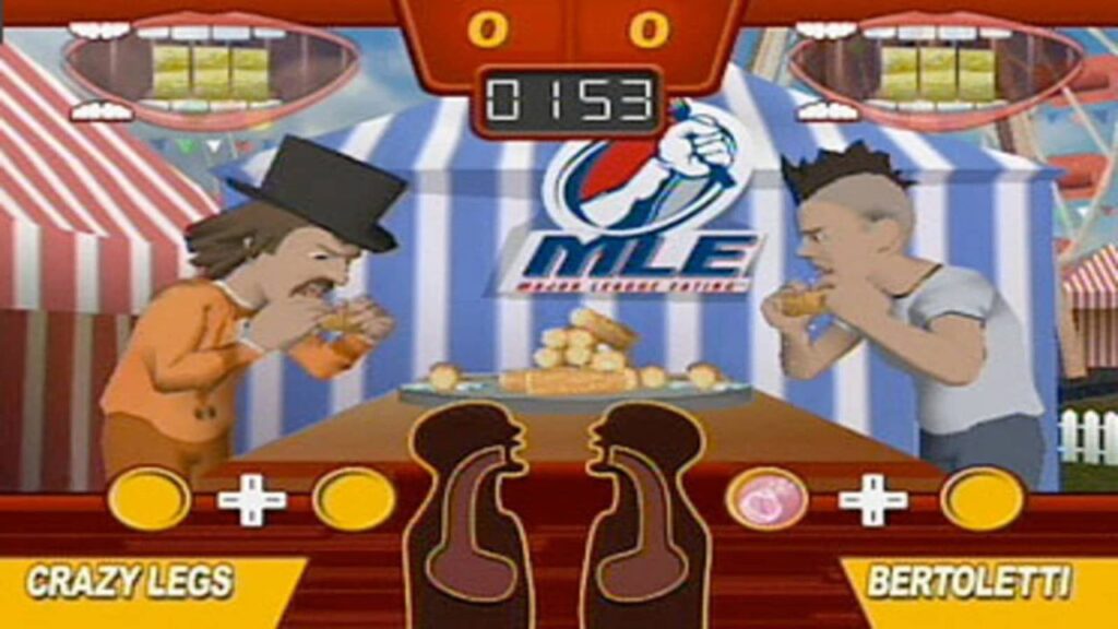 Screenshot from 'Major League Eating: The Game' shows competitive eaters Crazy Legs (left) and Bertoletti (right) downing some corn cobs.