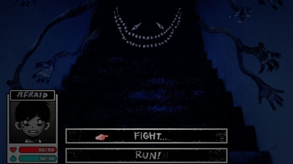 Screenshot from 'OMORI' shows massive treelike figure with disturbing ear-to-ear grin. An in-game prompt at the bottom asks the player whether they want to "fight" or "run."