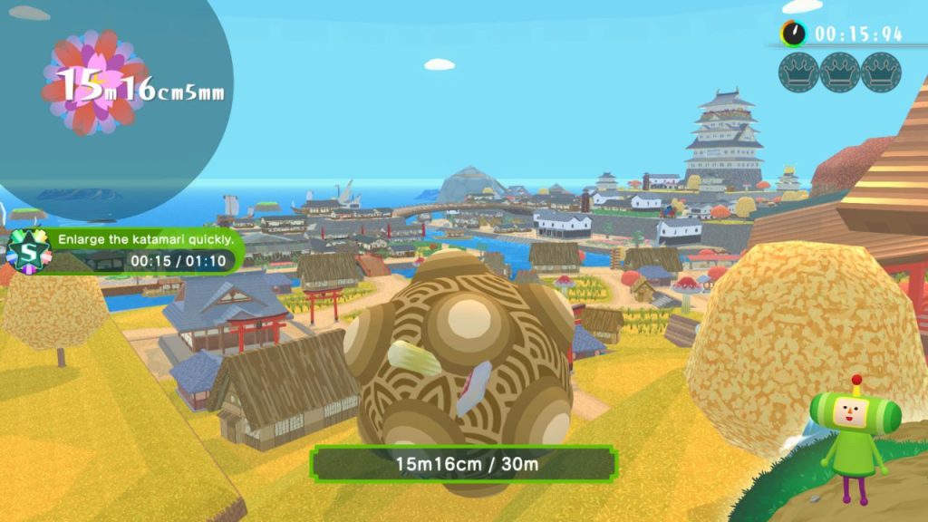 Once Upon A KATAMARI | Outrun Gaming Screenshot from 'Once Upon A KATAMARI' shows The Prince and rolling katamari. On-screen prompt urges player to "enlarge the katamari quickly" (Outrun Gaming: 'Once Upon A KATAMARI' rolls onto consoles, Steam)