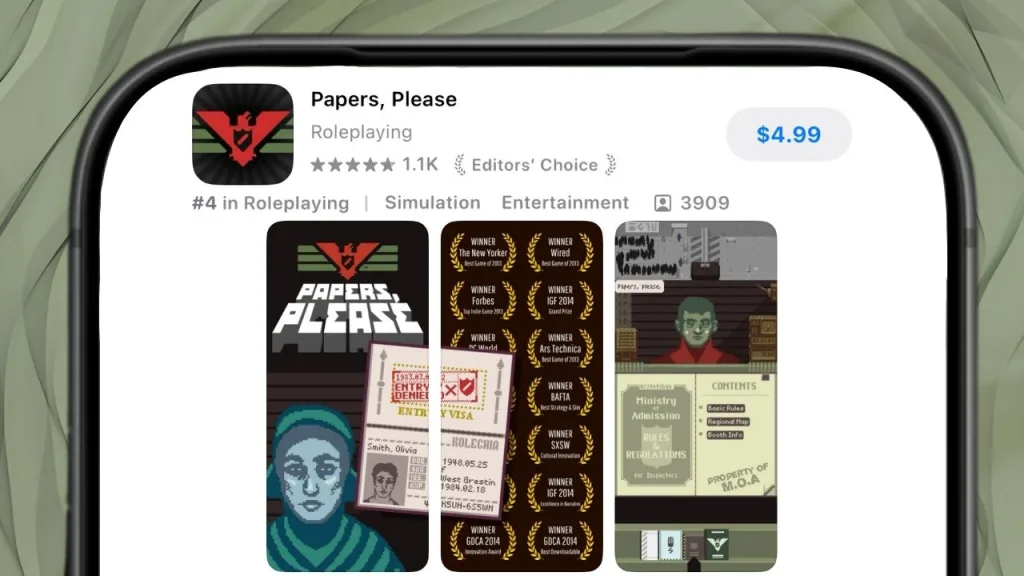 Papers Please (Apple App Store) | Outrun Gaming Apple iPhone edited to show compact version of 'Papers, Please' App Store listing | Outrun Gaming